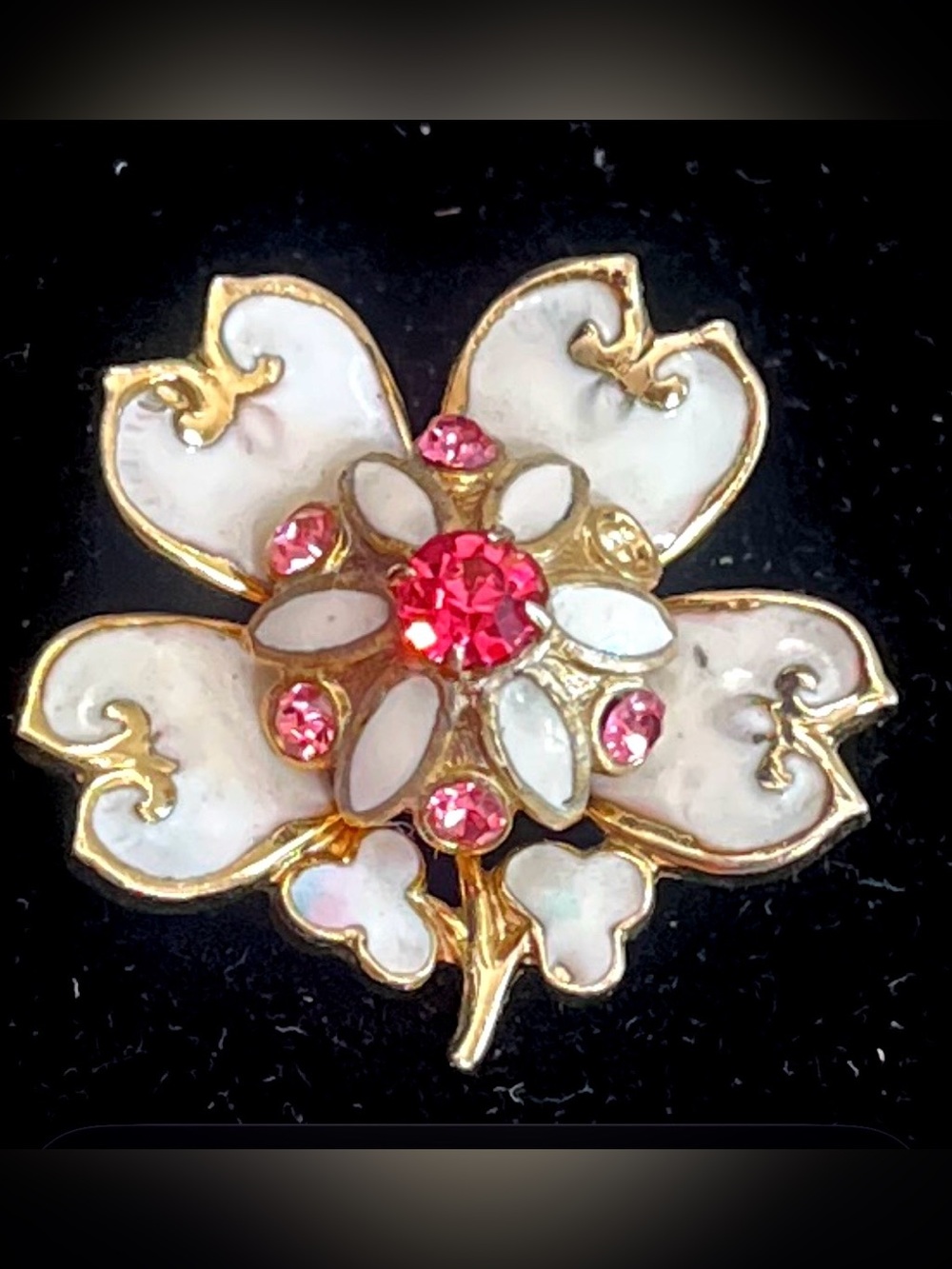 Coro Gold-Tone White Enamel Floral Brooch with Pink Rhinestones